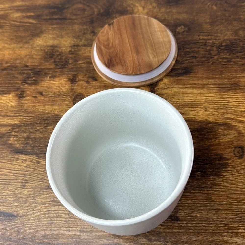 Crate&Barrel Cream Vase with Brown Wooden Lid